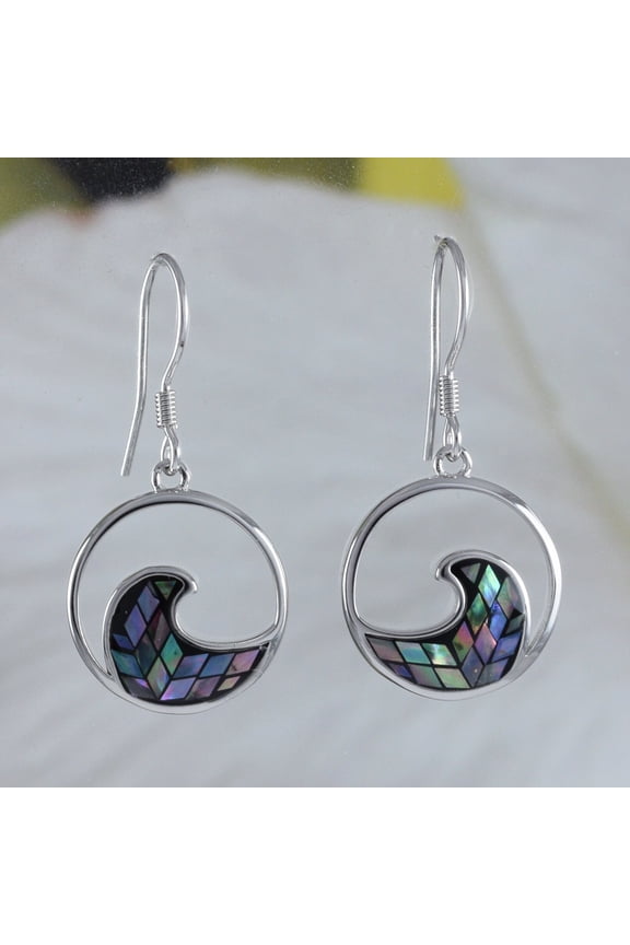 Beautiful Hawaiian Genuine Paua Shell Ocean Wave Earring, Sterling Silver Wave Dangle Earring, E8928 Valentine Birthday Mom Gift