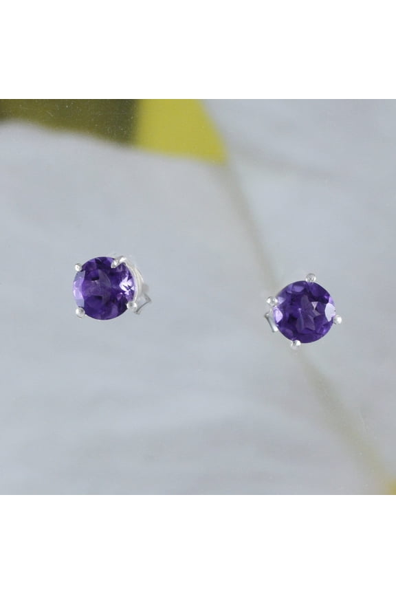 Beautiful Hawaiian Genuine Purple Amethyst Earring, Sterling Silver Round-Cut Amethyst Stud Earring, E8649 Birthday Valentine Mom Gift