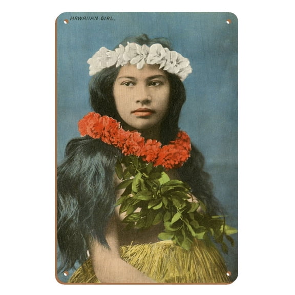 Beautiful Hawaiian Girl with Flower Leis - Vintage Hawaiian Hand-Colored Postcard - 8 x 12 inch Vintage Wood Art Sign