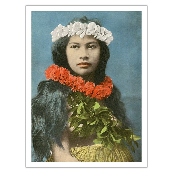 Beautiful Hawaiian Girl with Flower Leis - Vintage Hawaiian Hand-Colored Postcard - Bamboo Fine Art 290gsm Paper (Unframed) 12x16in
