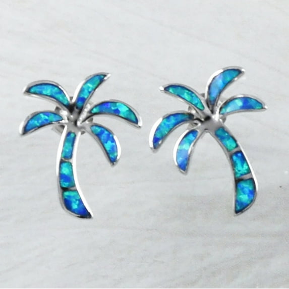 Beautiful Hawaiian Large Blue Opal Palm Tree Earring, Sterling Silver Blue Opal Palm Tree Stud Earring, E9281 Valentine Birthday Mom Gift