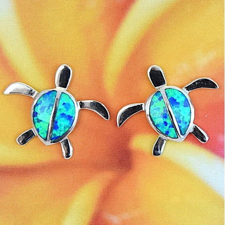Beautiful Hawaiian Large Blue Opal Sea Turtle Earring, Sterling Silver Blue Opal Turtle Stud Earring, E4106 Statement PC, Birthday Mom Gift