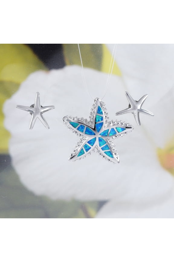 Beautiful Hawaiian Large Blue Opal Starfish Earring and Necklace, Sterling Silver Blue Opal Starfish Pendant, N6016 Birthday Mom Gift