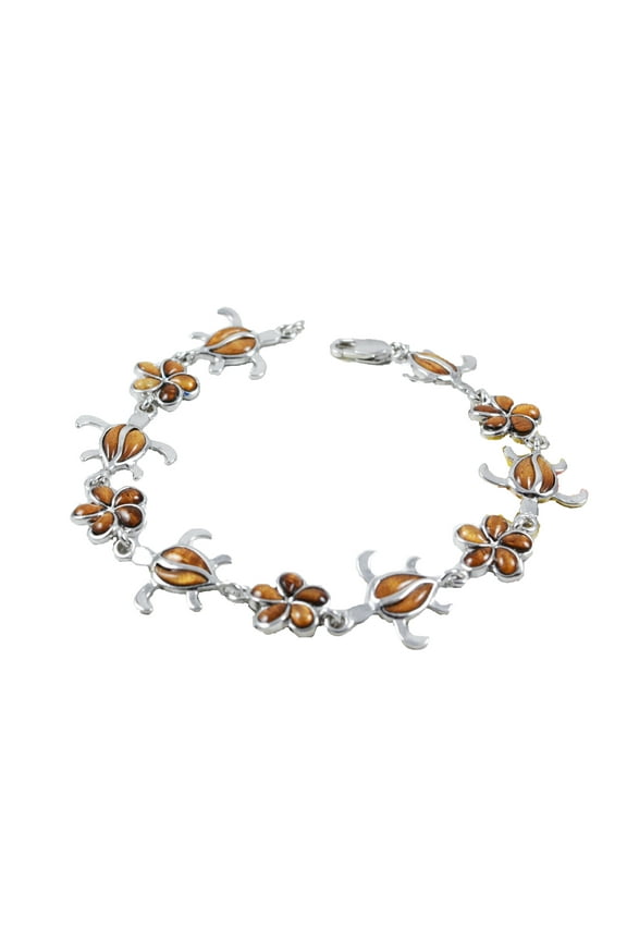 Beautiful Hawaiian Large Genuine Koa Wood Sea Turtle Plumeria Bracelet, Sterling Silver Koa Wood Turtle Bracelet, B3320 Birthday Mom Gift