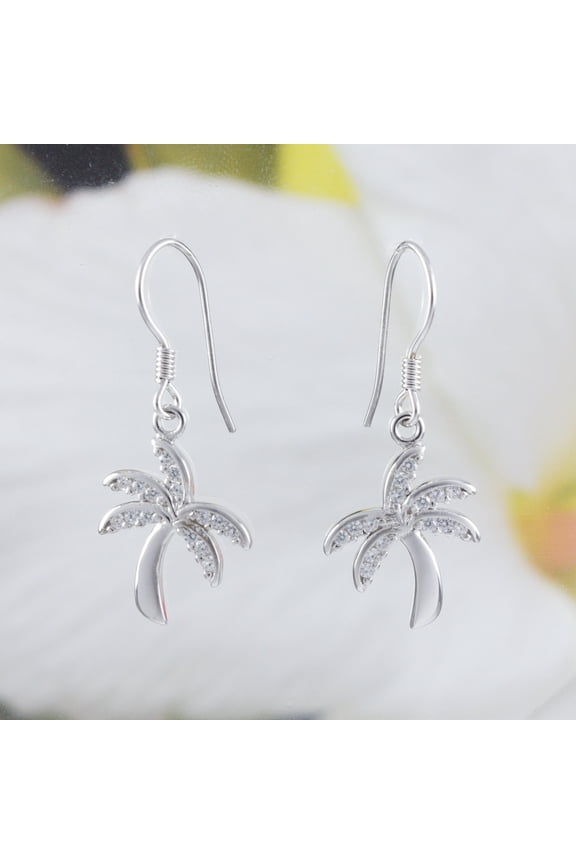 Beautiful Hawaiian Large Palm Tree Earring, Sterling Silver Palm Tree CZ Dangle Earring, E4022 Birthday Mom Valentine Gift, Island Jewelry