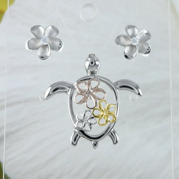 Beautiful Hawaiian Large Tri-color 3-tone Sea Turtle 3 Plumeria Earring and Necklace, Sterling Silver Turtle Plumeria Pendant N8552S