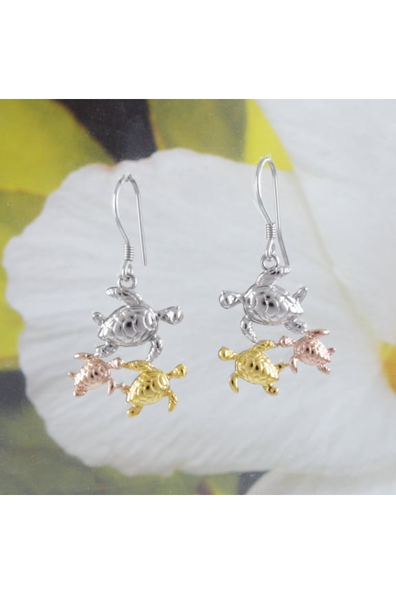 Tri-Color Sea Turtle Dangle Earrings, Sterling Silver