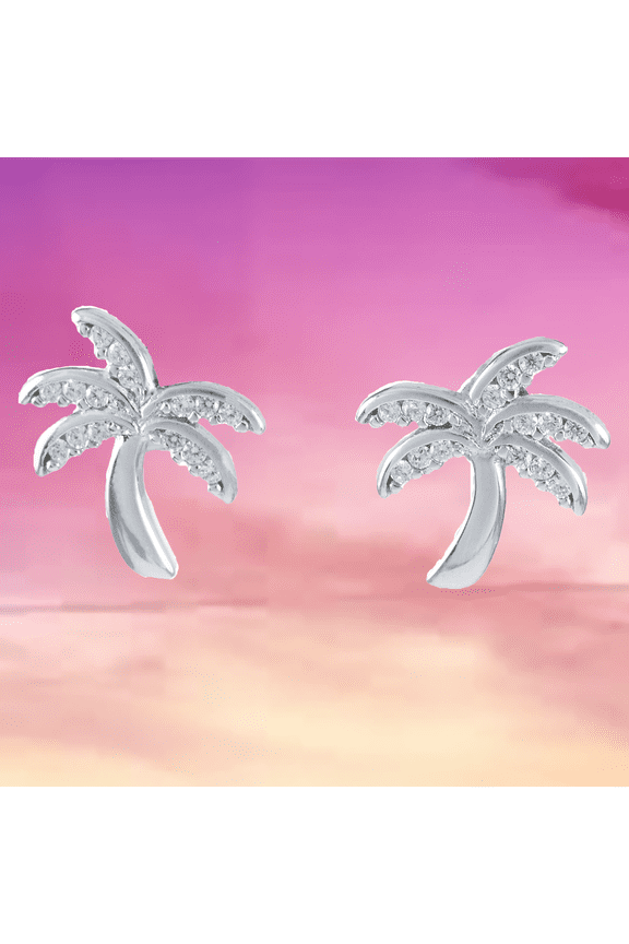 Beautiful Hawaiian Palm Tree Earring, Sterling Silver Palm Tree CZ Stud Earring, E4021 Birthday Mom Valentine Gift, Island Jewelry