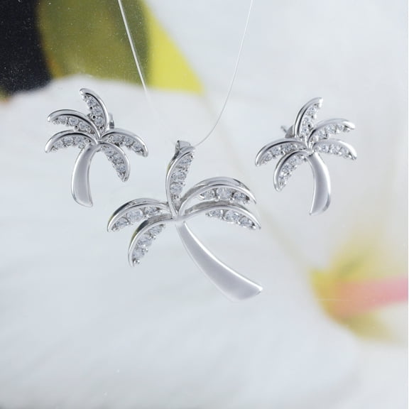 Beautiful Hawaiian Palm Tree Earring and Necklace, Sterling Silver Palm Tree CZ Pendant, N6009 Birthday Mom Valentine Gift, Island Jewelry