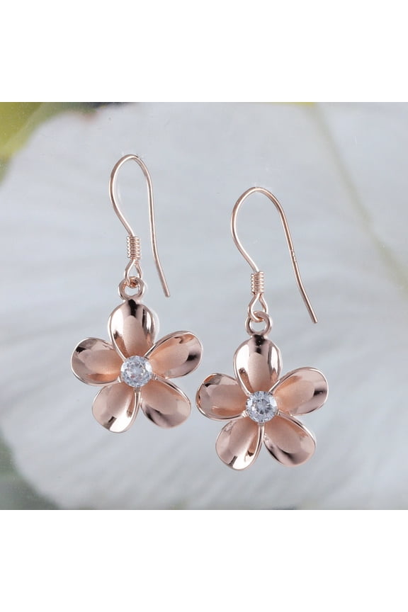 Beautiful Hawaiian Plumeria Earring, Sterling Silver Rose-Gold Plated Plumeria Flower CZ Dangle Earring, E8895 Birthday Mom Valentine Gift
