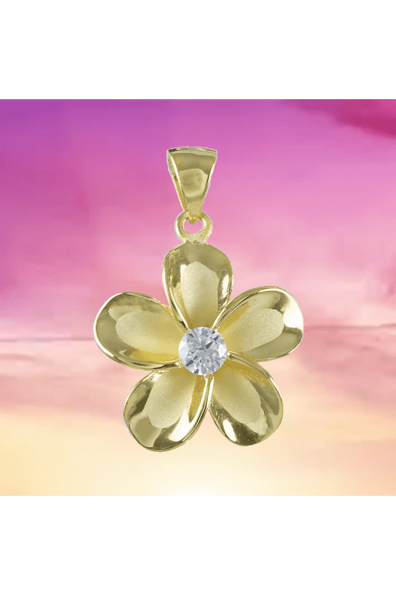 Beautiful Hawaiian Plumeria Necklace, Sterling Silver Yellow-Gold Plated Plumeria Flower CZ Pendant, N8855 Birthday Christmas Wife Mom Gift