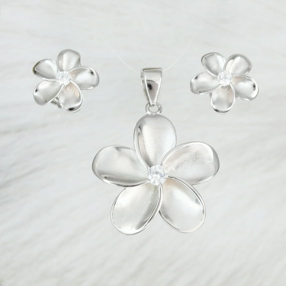 Beautiful Hawaiian Plumeria Necklace and Earring, Sterling Silver Plumeria Flower CZ Pendant, N2031S Birthday Valentine Wife Mom Gift