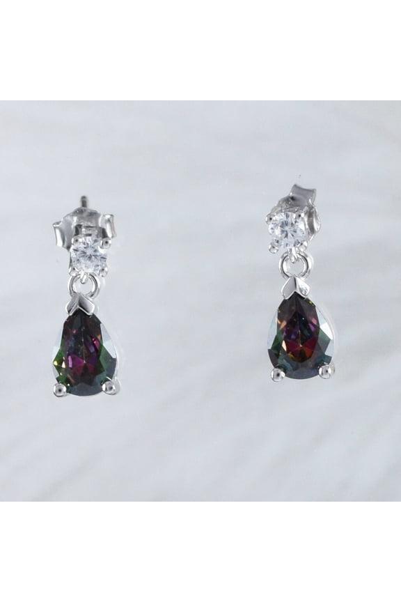 Beautiful Hawaiian Rainbow Mystic Topaz Rain Drop Earring, Sterling Silver Mystic Topaz Clear CZ Stud Earring, E9029 Birthday Mom Gift