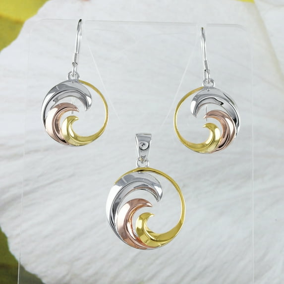 Beautiful Hawaiian Tri-color Ocean Wave Earring and Necklace, Sterling Silver Surfing Wave Pendant, N8857S Birthday Mother Mom Gift