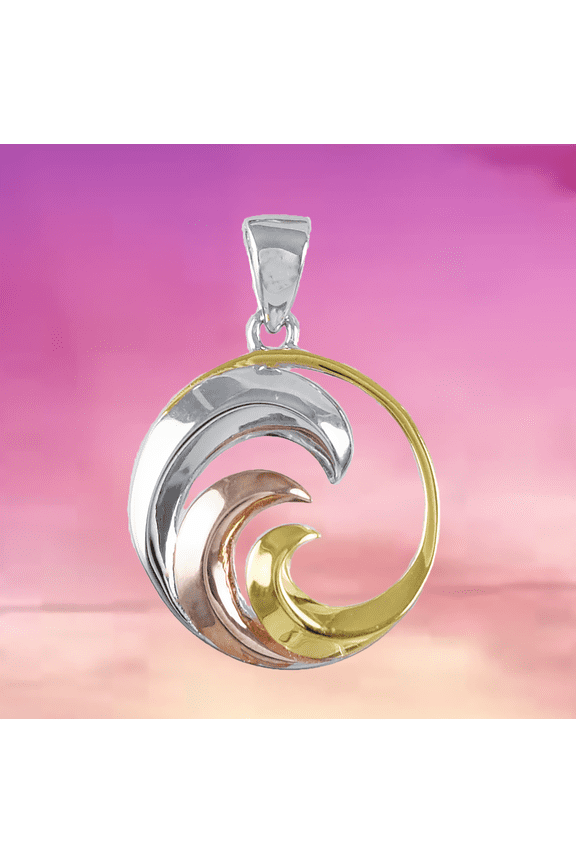 Beautiful Hawaiian Tri-color Ocean Wave Necklace, Sterling Silver Surfing Wave Pendant, N8857 Birthday Valentine Mom Gift