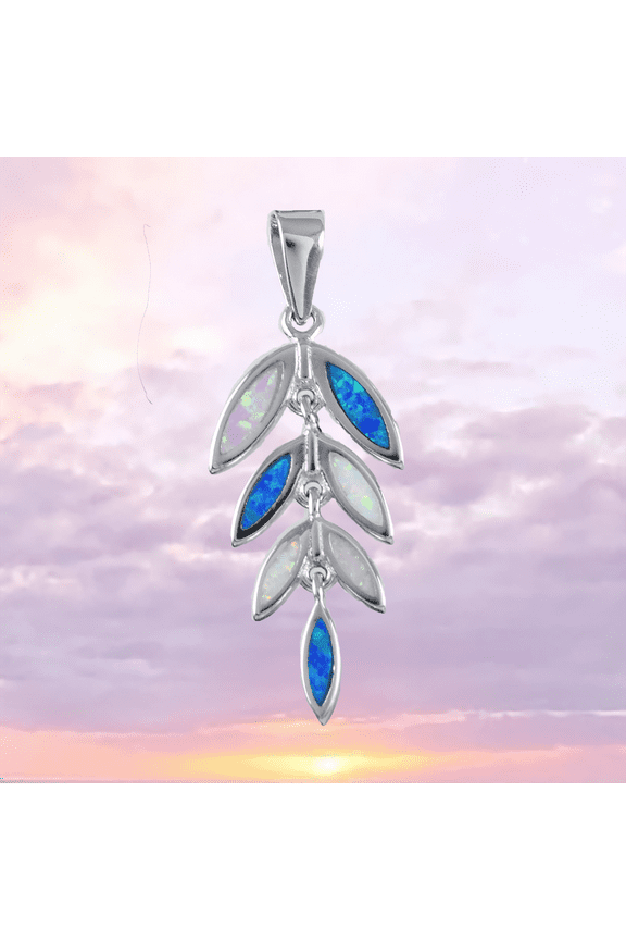 Beautiful Hawaiian Tri-color Opal Maile Leaf Necklace, Sterling Silver Blue White Pink Opal Maile Leaf Pendant, N8838 Birthday Mom Gift