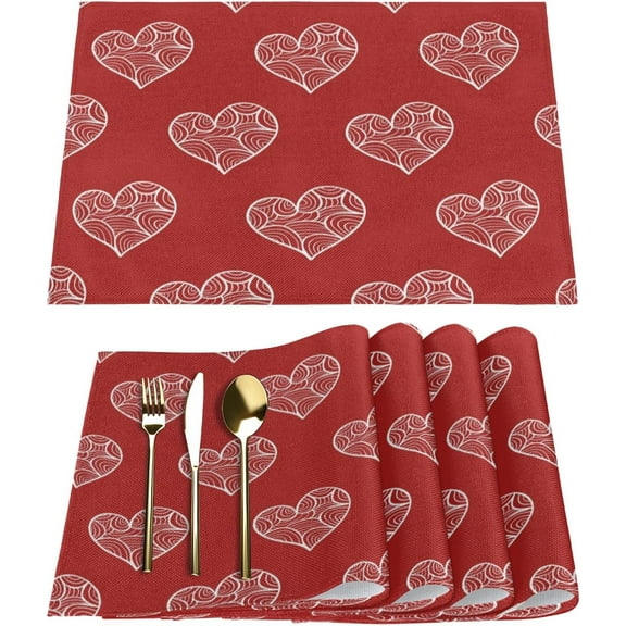 Beautiful Hearts Valentine''s Day Placemats Set of 6 Fabric Placemats Square Placemat for Kitchen Table Heat Resistant, Easy to Clean Table Placemats 12x18 Inch