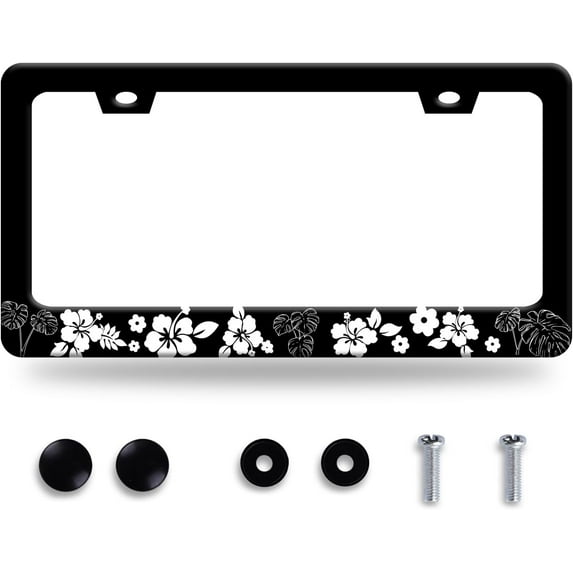 Beautiful Hibiscus Flowers License Plate Frame Hawaii Floral Leaves License Plate Stainless Steel Rust-Proof Funny Auto Parts Colorful License Plate Cover Decoration Holes Screws Size 12.3" x 6.3"