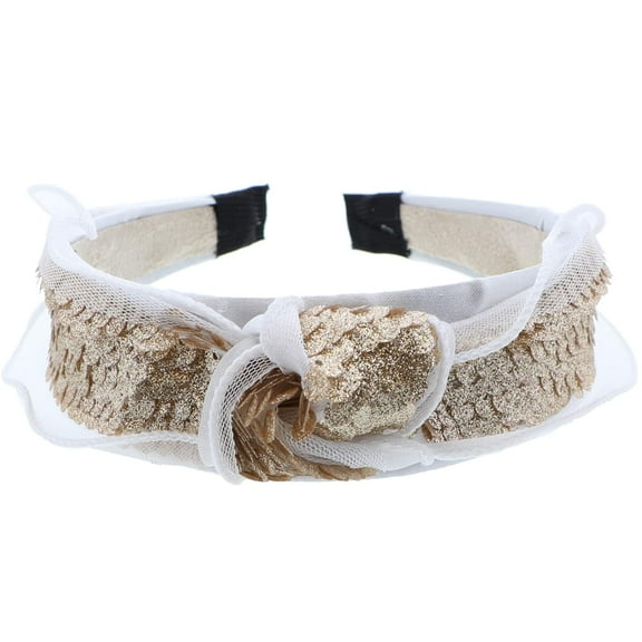 Motique Accessories Beautiful Holiday Tulle Knot Headband with Sequins-White and Gold