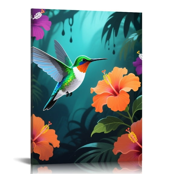 Beautiful Humming Bird With Hawaii Hibiscus Flower Canvas Print, Wall Decor for Bathroom, Canvas Wall Art