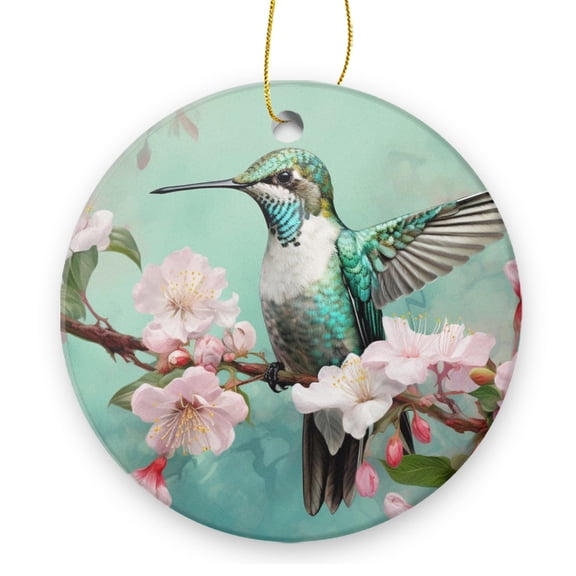 Beautiful Hummingbird Sitting on Cherry Blossom Branch - Christmas Ornament Xmas Keepsake Ceramic Ornaments Holiday Decorations for Tree Christmas Gift Ideas 2.95in