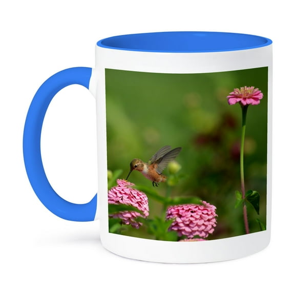3dRose, Beautiful Hummingbird in Flight with Zinnia Flowers - Summer Photography, 15oz Two-Tone Blue Mug