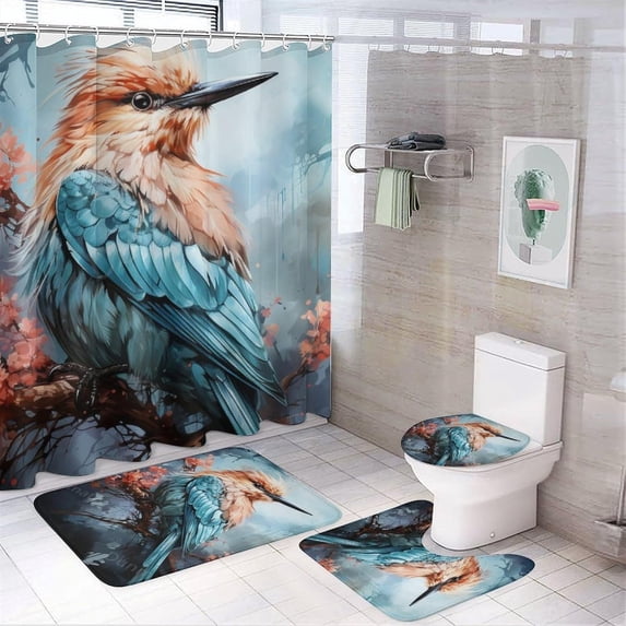 Beautiful Hummingbirds 4 Pieces Shower Curtain Sets Watercolor Flowers Modern Animals Bathroom Decor Set Bathroom Accessory Sets with Rugs and Toilet Lid Cover