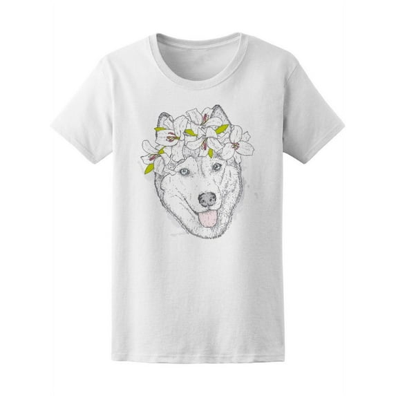 Beautiful Husky In Lilies Wreath T-Shirt Women -Image by Shutterstock, Female Small