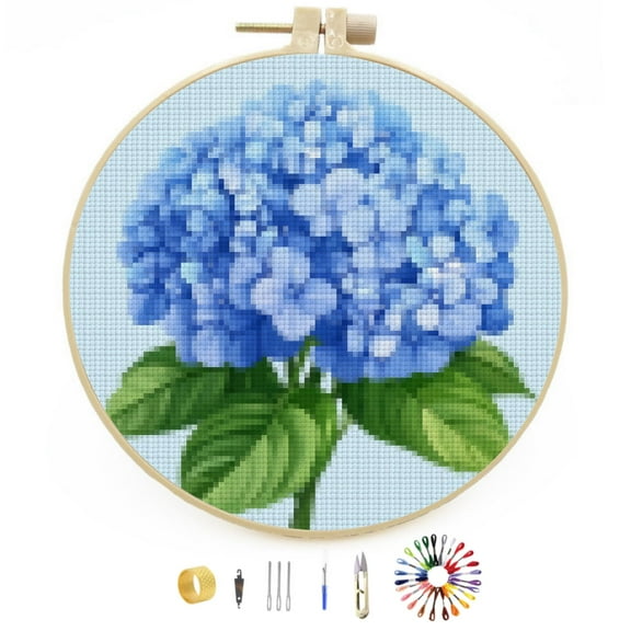 Beautiful Hydrangea Flower Easy Stamped Cross Stitch Kits for Beginners with Hoop Simple Patterns 11CT Counted Embroidery Needlepoint Crafts Arts for DIY Enthusiasts and Home Decor 30x30cm(1)