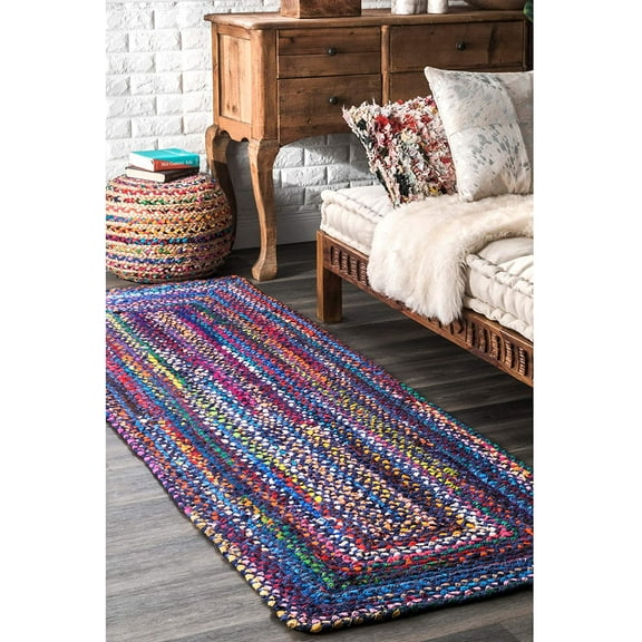 Beautiful Indian Handmade Braided Blue Shade Multi Color Cotton Area Rugs ,Home Decor Cotton Carpet Size 2.6 x 4 Feet ( 75 cm x 120 cm )