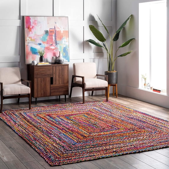 Beautiful Indian Handmade Braided Red Multi Color Cotton Area Rugs ,Home Decor Cotton Carpet Square Size 3 x 3 Feet ( 90 cm x 90 cm )