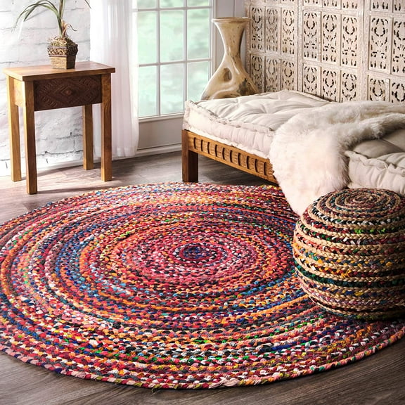 Beautiful Indian Handmade Braided Red Multi Color Cotton Round Rugs ,Home Decor Cotton Carpet Size 2 x 2 Feet ( 60 cm x 60 cm )
