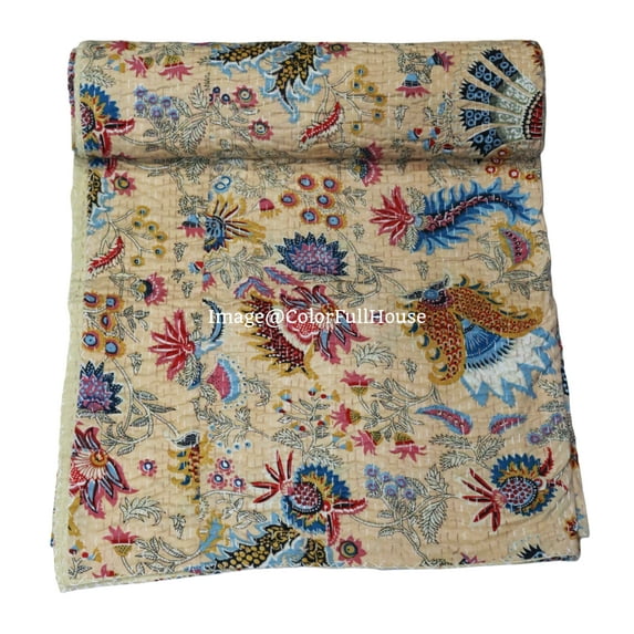 Beautiful Indian Handmade Cotton Kantha Quilt,Kantha Gudri, Floral with Mukut Design in Traditional Look Cotton Throw Blanket, Bedspread Size ( Double 90" x 108")