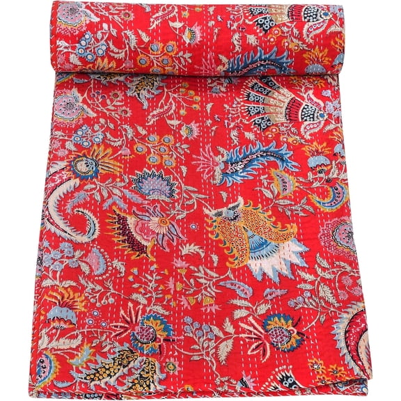 Beautiful Indian Handmade Cotton Kantha Quilt,Kantha Gudri, Floral with Mukut Design in Traditional Look Cotton Throw Blanket, Bedspread Size(Queen Size - 90" x 108")