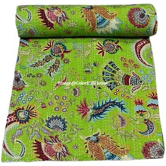 Beautiful Indian Handmade Cotton Kantha Quilt,Kantha Gudri, Floral with Mukut Design in Traditional Look Cotton Throw Blanket, Bedspread Size ( Single 60" x 90" )
