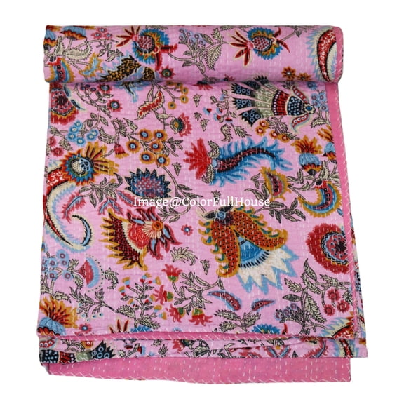 Beautiful Indian Handmade Cotton Kantha Quilt,Kantha Gudri, Floral with Mukut Design in Traditional Look Cotton Throw Blanket, Bedspread Size ( Single 60" x 90" )