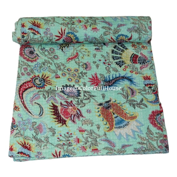 Beautiful Indian Handmade Cotton Kantha Quilt,Kantha Gudri, Floral with Mukut Design in Traditional Look Cotton Throw Blanket, Bedspread Size ( Single 60" x 90" )
