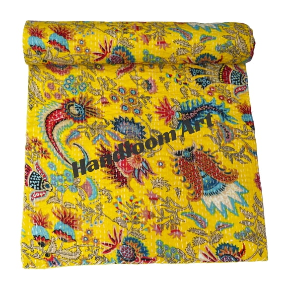 Beautiful Indian Handmade Cotton Kantha Quilt,Kantha Gudri, Floral with Mukut Design in Traditional Look Cotton Throw Blanket, Bedspread Size(Twin Size - 60" x 90")
