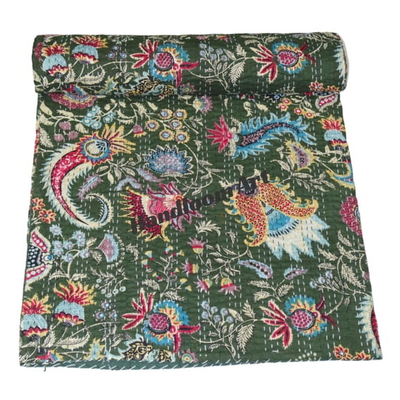 Beautiful Indian Handmade Cotton Kantha Quilt,Kantha Gudri, Floral with Mukut Design in Traditional Look Cotton Throw Blanket, Bedspread Size(Twin Size - 60" x 90")