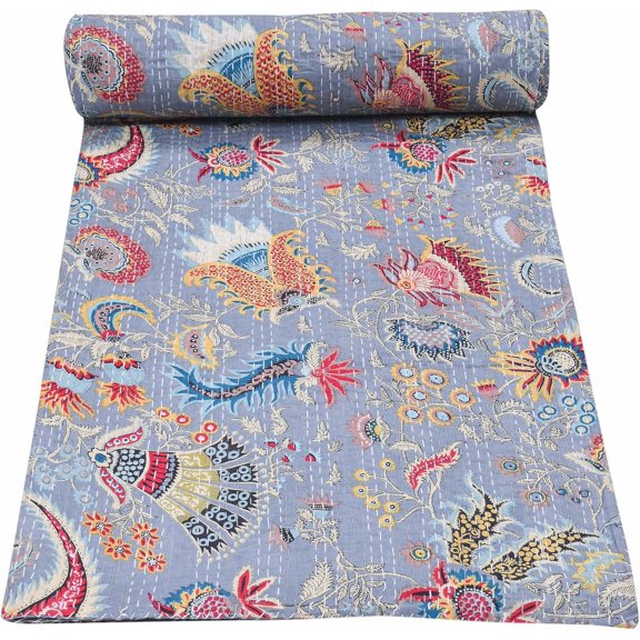 Beautiful Indian Handmade Cotton Kantha Quilt,Kantha Gudri, Floral with Mukut Design in Traditional Look Cotton Throw Blanket, Bedspread Size(Twin Size - 60" x 90")