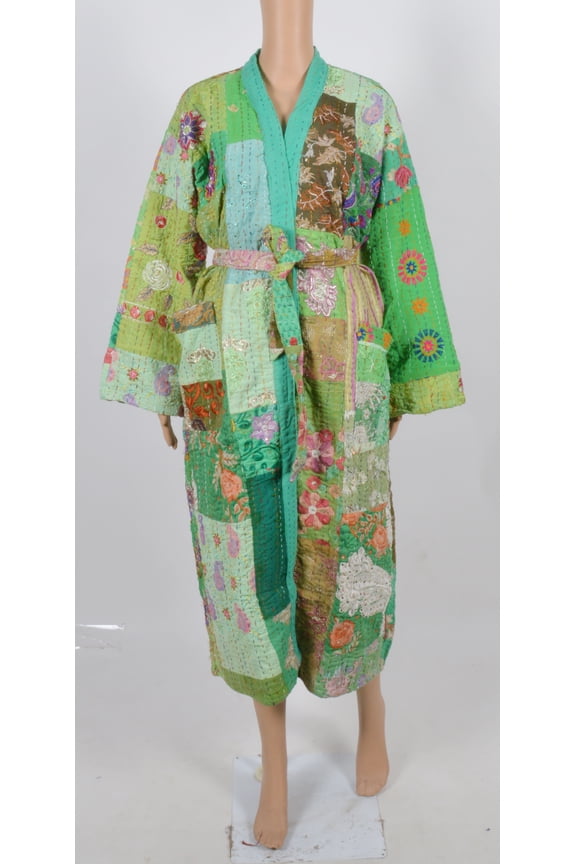 Beautiful Indian Handmade Cotton Kantha kimono~ Khambadiya Green Patches Print Beach Short Kimono~Gown Ethnic Women Wear Bathrobe ~Jacket~Maxi Dress~gift