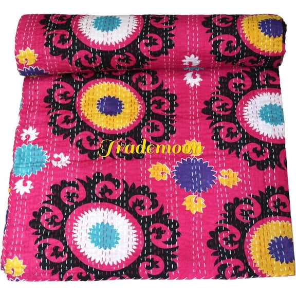Beautiful Indian Handmade Floral Kantha Quilt, Pink Medallion Pattern, Cotton Hand stitched Blanket Size (Twin Size - 60" x 90")