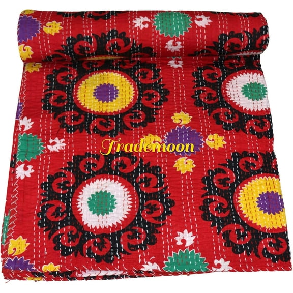 Beautiful Indian Handmade Kantha Quilt, Red Floral Pattern, Traditional Suzani Design Size (King - 108" x 108")