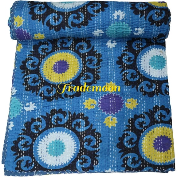 Beautiful Indian Handmade Kantha Quilt,Vintage Gudri, Blue Floral Pattern, Cotton Throw Blanket Size (King - 108" x 108")