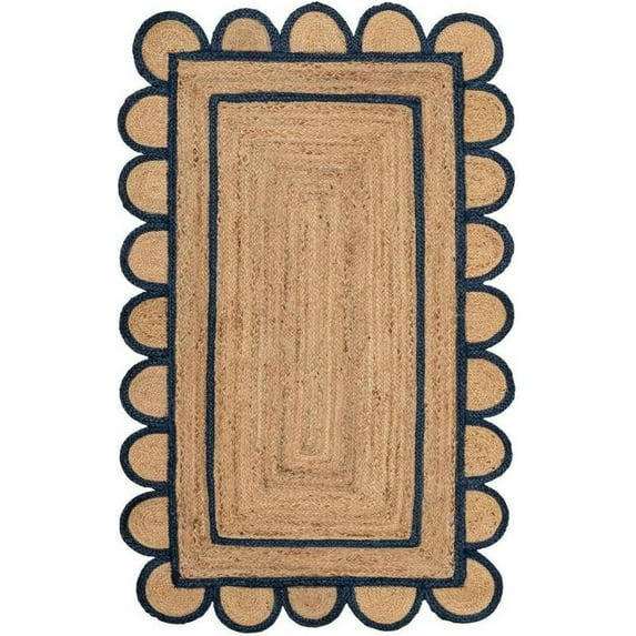 Beautiful Indian Handmade Natural Jute Scalloped rug, Blue Border Floor Décor Carpet , Home Décor Rugs & carpet Size , 10 x 10 Feet ( 300 cm x 300 cm )Square