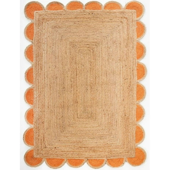 Beautiful Indian Handmade Natural Jute Scalloped rug, Orange Border Floor Décor Carpet , Home Décor Rugs & carpet Size , 5 x 5 Feet ( 150 cm x 150 cm )Square