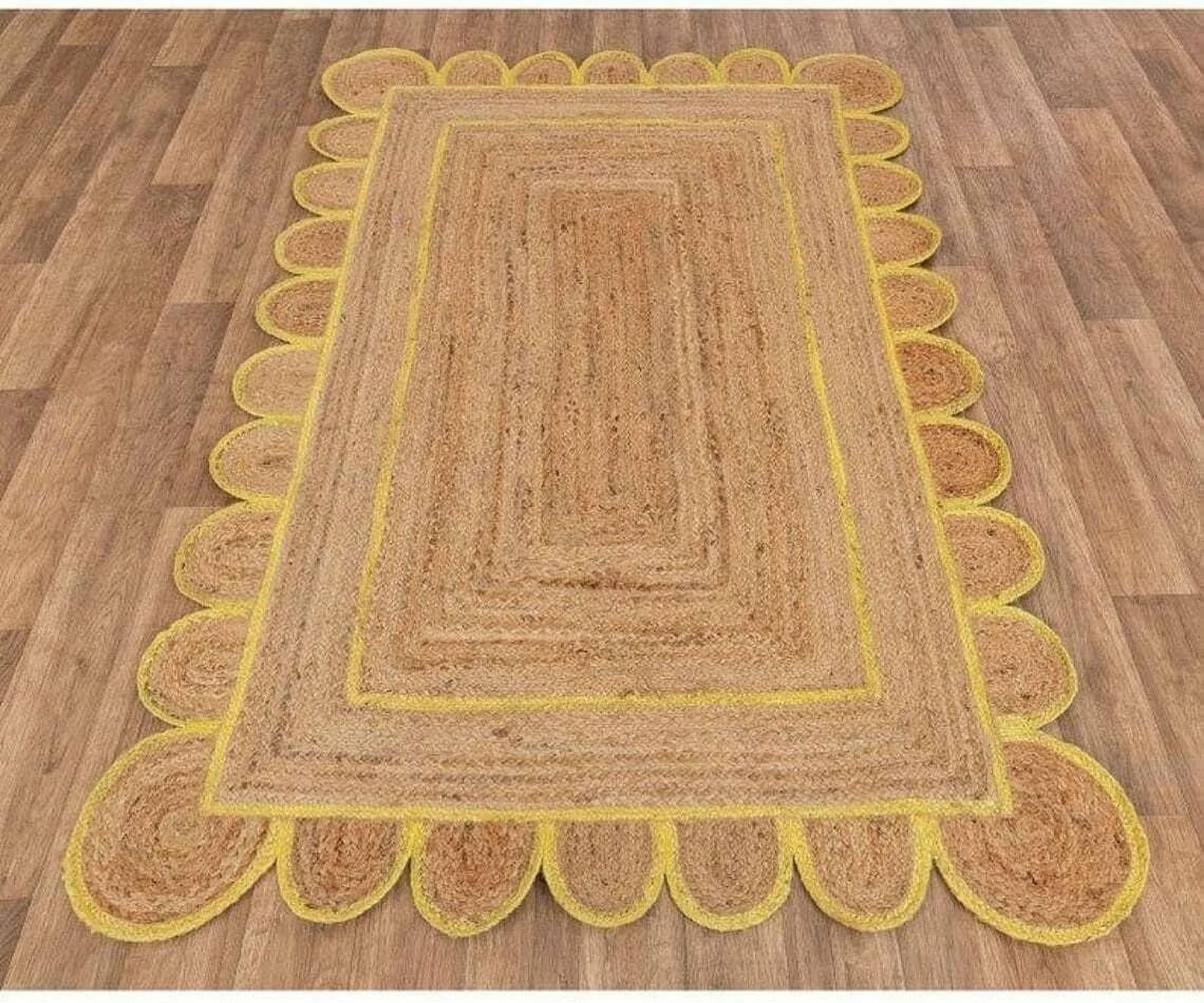 Beautiful Indian Handmade Natural Jute Scalloped rug, Yellow Border ...