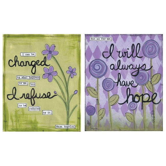 Beautiful Inspirational "I Will Always Have Hope" & "I Can Be Changed By What Happened" Floral Set; Two 11x14in Unframed Print. Purple/Green