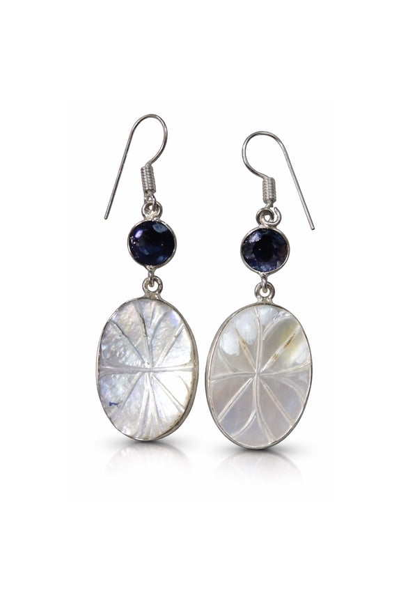 Beautiful Iolite & Shell Gemstone Fashion Drop Earrings for Women 925 Sterling Silver Plated Handmade Modern Contemporary Designer Party Gift Earrings by Artisan