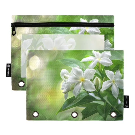 Beautiful Jasmine Flower 2 Pack Pencil Pouch for 3 Ring Binder Smooth Zipper Folders with Pockets Clear Window Pencil Case